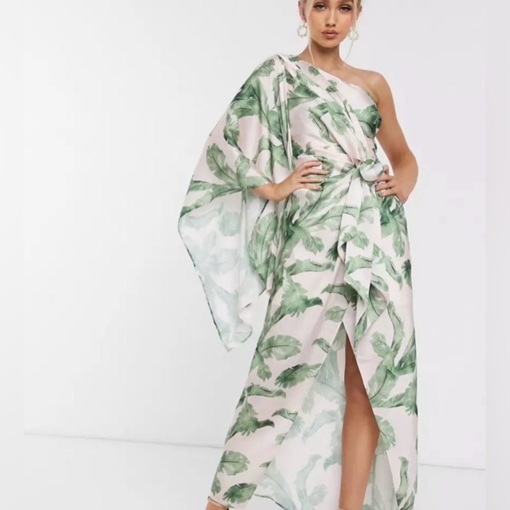 Elegant One Shoulder Leaf Print Dress
